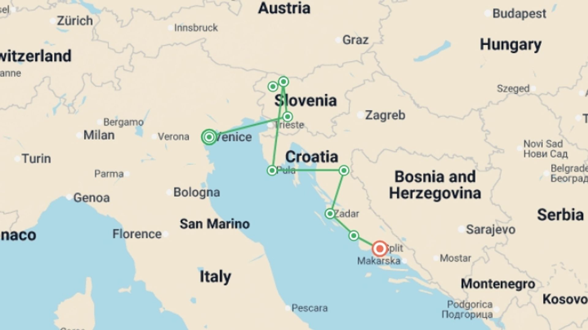 A map showing the tour itinerary for the trip: Premium Venice to Split, starting in Venice, Italy and ending in Split, Croatia going through 4 other destinations.