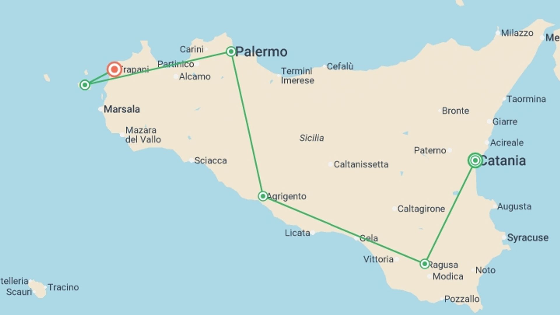 A map showing the tour itinerary for the trip: Sicily & the Aegadian Islands - 10 days, starting in Catania, Italy and ending in Trapani, Italy going through 4 other destinations.