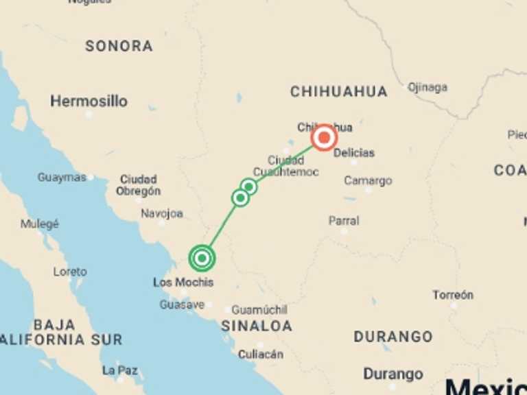 Map itinerary of Mexico Tour in March 2026 with 6 destination visits for the trip: Three Cultures