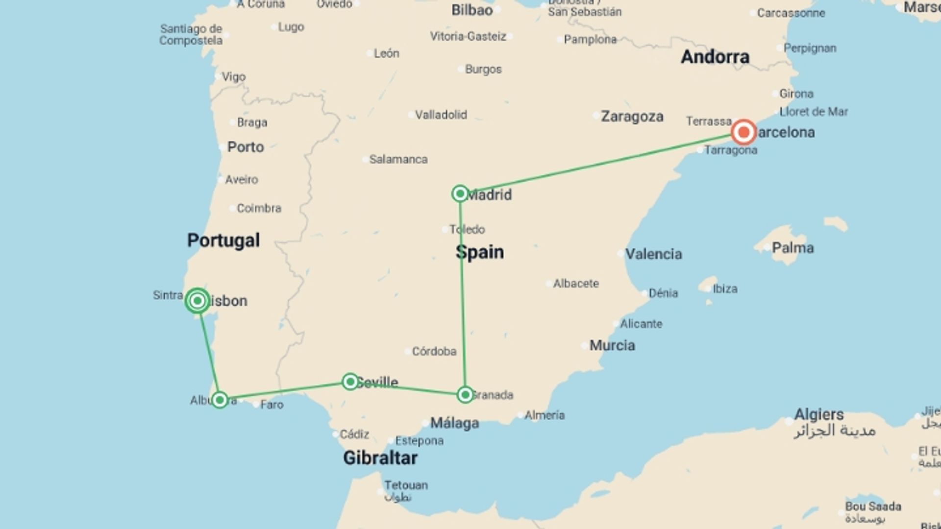 A map showing the tour itinerary for the trip: Essential Spain and Portugal, starting in Lisbon, Portugal and ending in Barcelona, Spain going through 4 other destinations.
