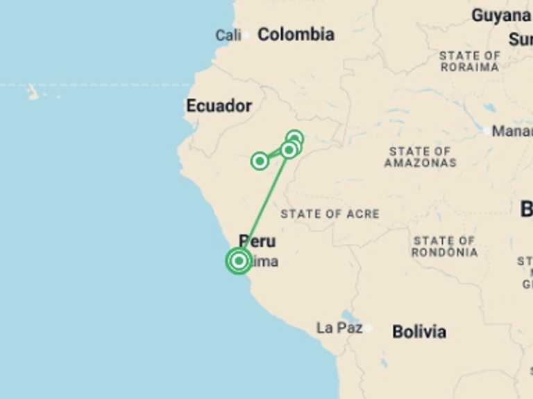 Map itinerary of South America Tour in January 2027 with 5 destination visits for the trip: Peruvian Rivers & Rainforest Discovery (2027)