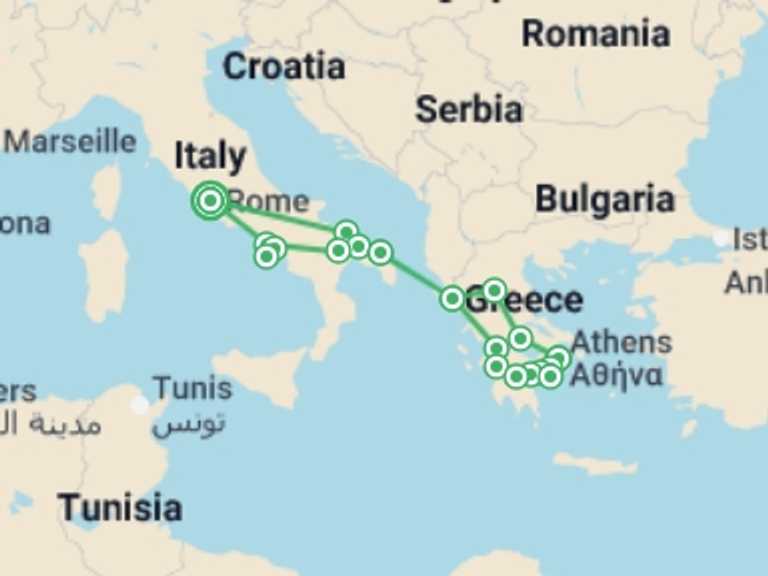 Map of 15-Day Greece Tour with 9 destination visits for the trip: Rome, Complete Greece with Puglia and Campania