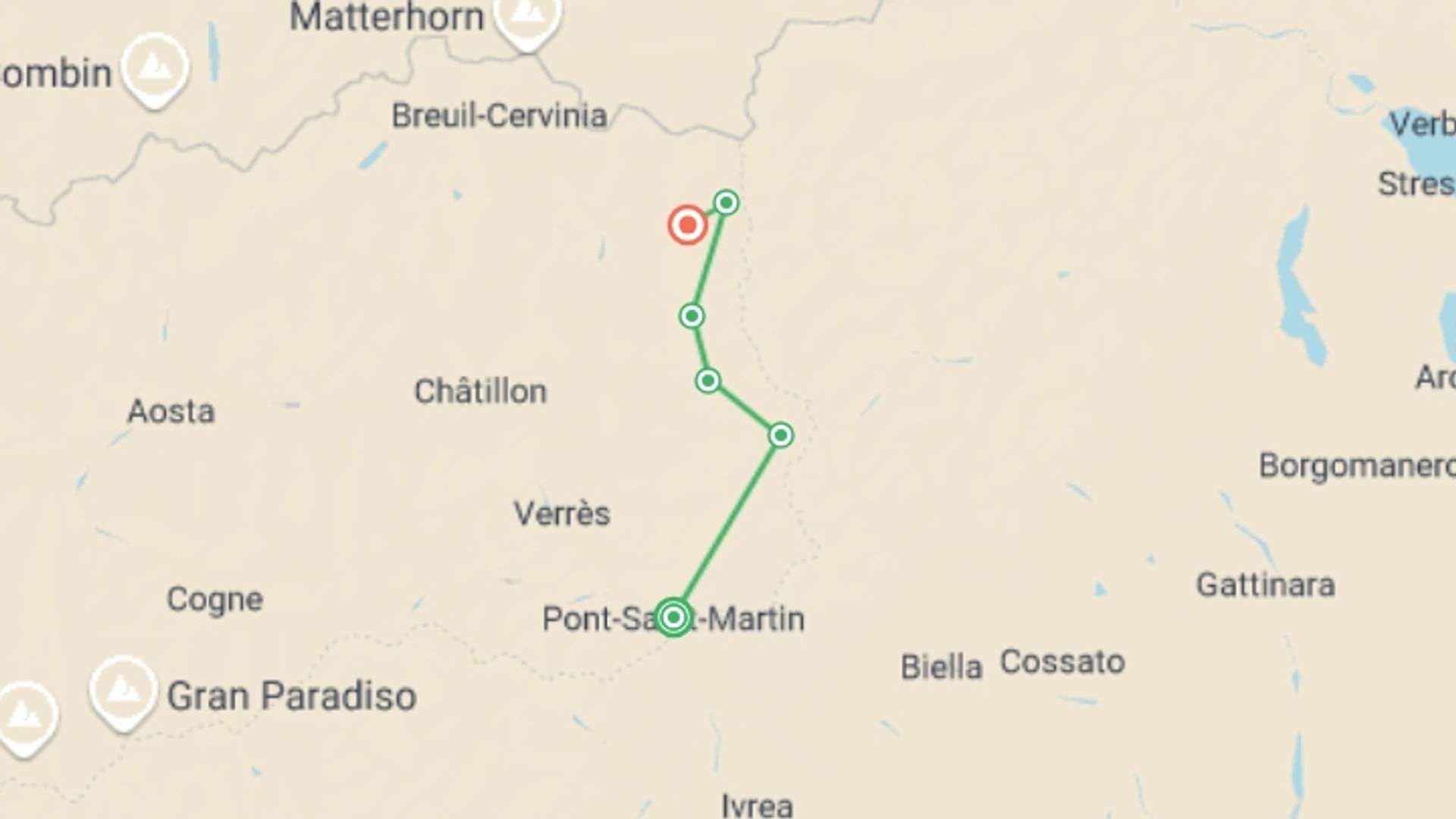 A map showing the tour itinerary for the trip: Monte Rosa Alpine Hike, starting in Pont-Saint-Martin, Italy and ending in Anderbatt, Italy going through 5 other destinations.