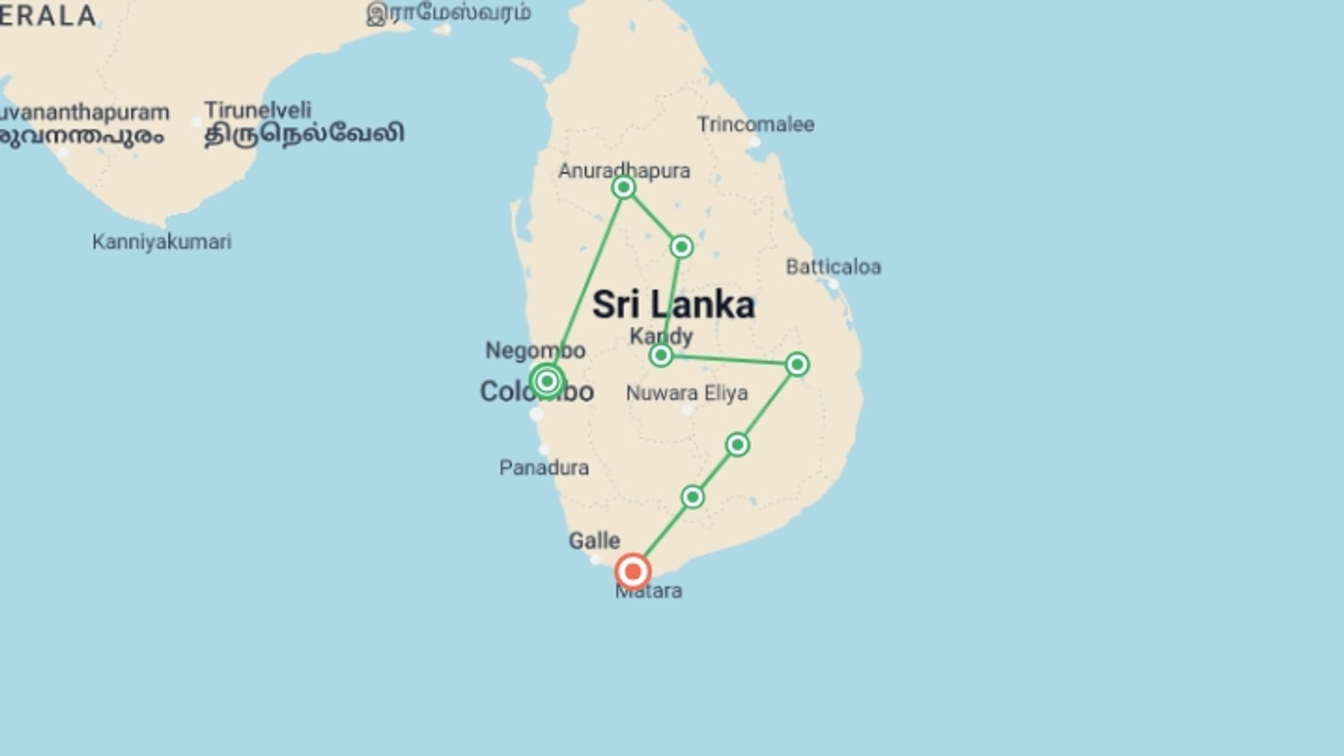 A map showing the tour itinerary for the trip: Off The Beaten Path, starting in Kotugoda, Sri Lanka and ending in Weligama, Sri Lanka going through 5 other destinations.