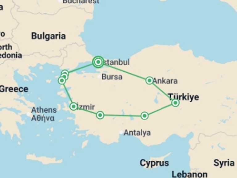 Map itinerary of Turkey Tour in December 2026 with 6 destination visits for the trip: Wonders of Turkey