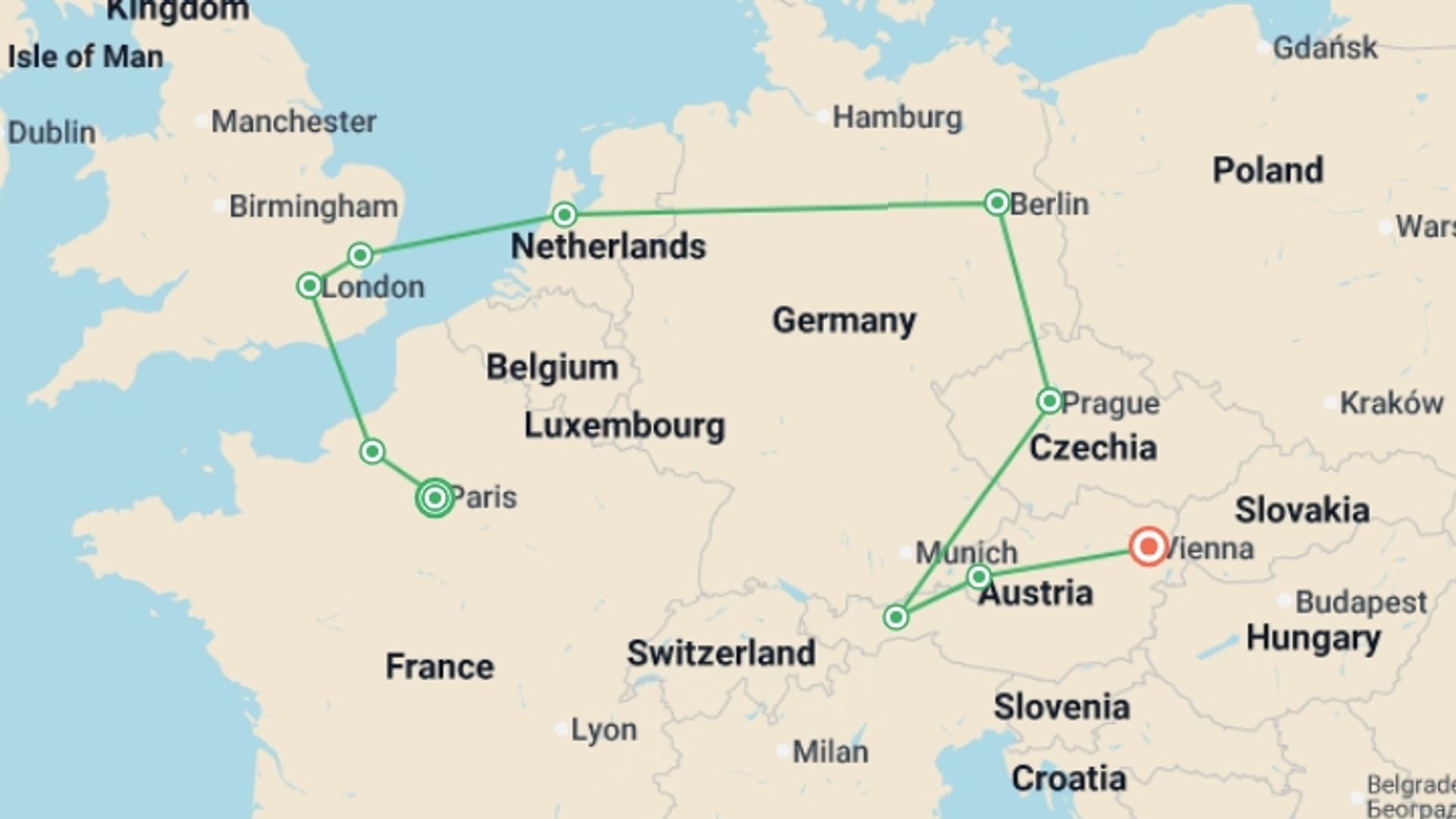 A map showing the tour itinerary for the trip: Paris and Imperial Capitals GO, starting in Paris, France and ending in Vienna, Austria going through 8 other destinations.