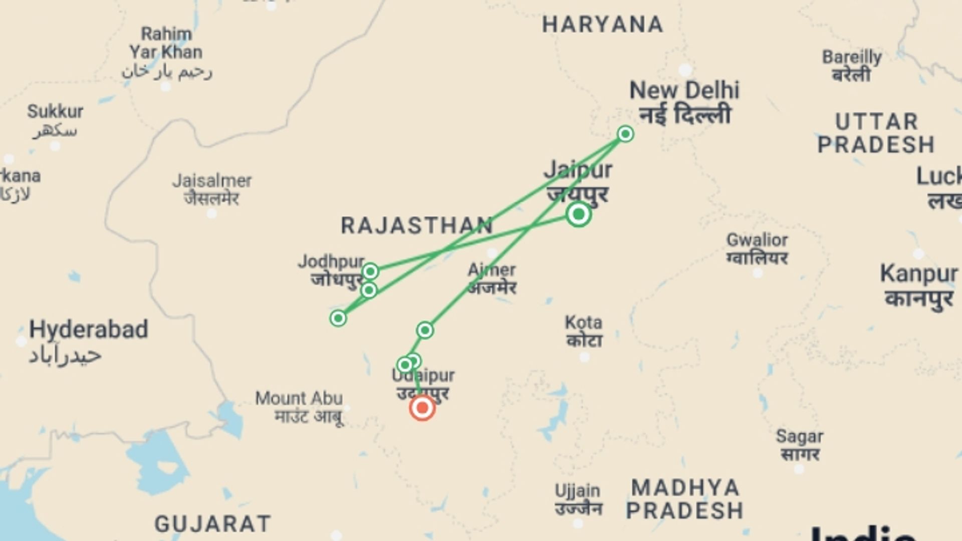 A map showing the tour itinerary for the trip: Riding Regal Rajasthan, starting in Jaipur, India and ending in Udaipur, India going through 7 other destinations.