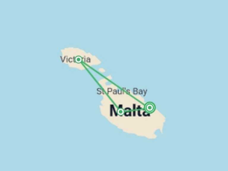 Map of a Cultural, religious and historic sites Tour with 3 destination visits for the trip: Malta Experience 7D/6N
