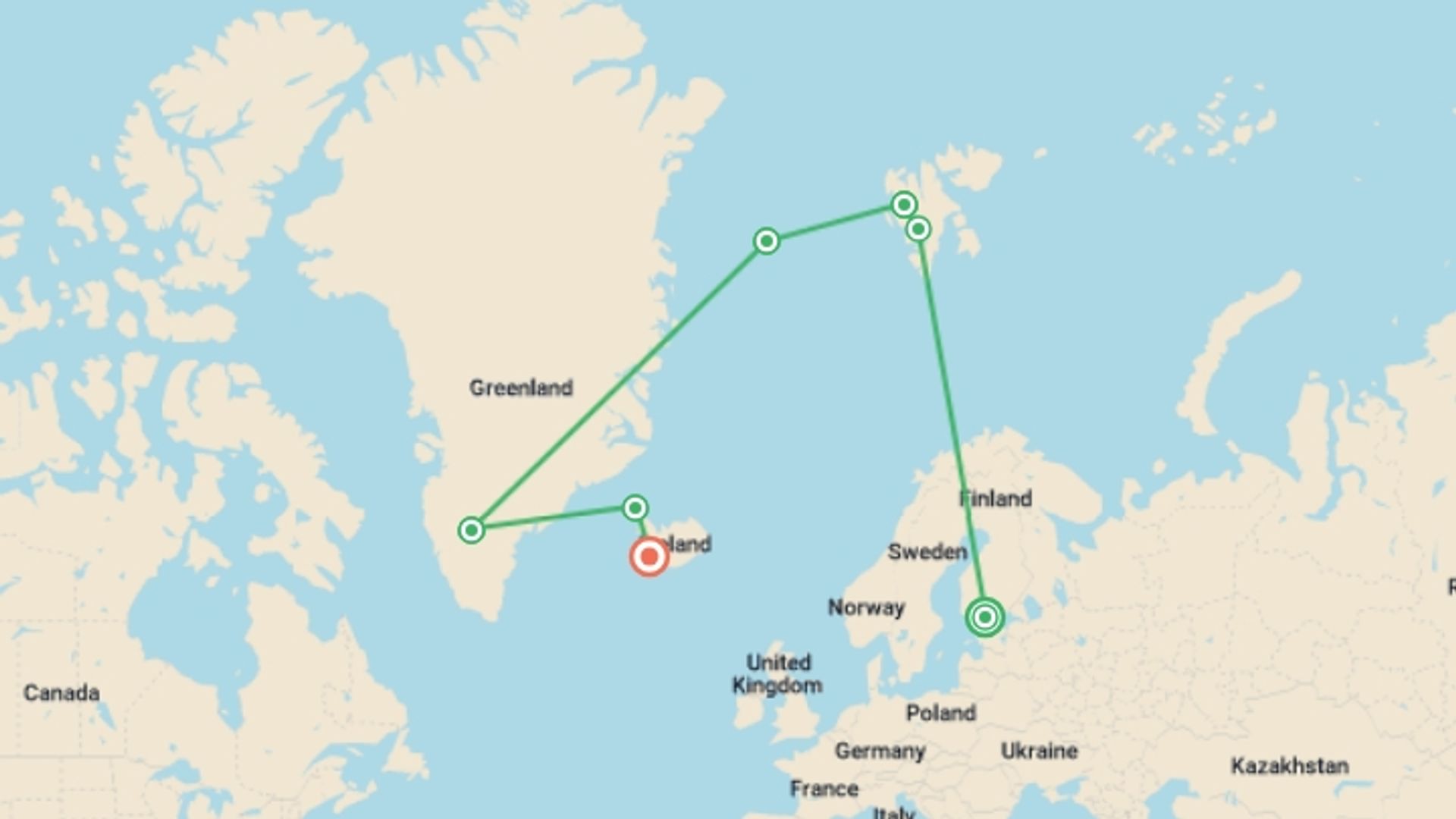 A map showing the tour itinerary for the trip: Three Arctic Islands: Spitsbergen, Greenland and Iceland (Southbound), starting in Helsinki, Finland and ending in Reykjavik, Iceland going through 6 other destinations.