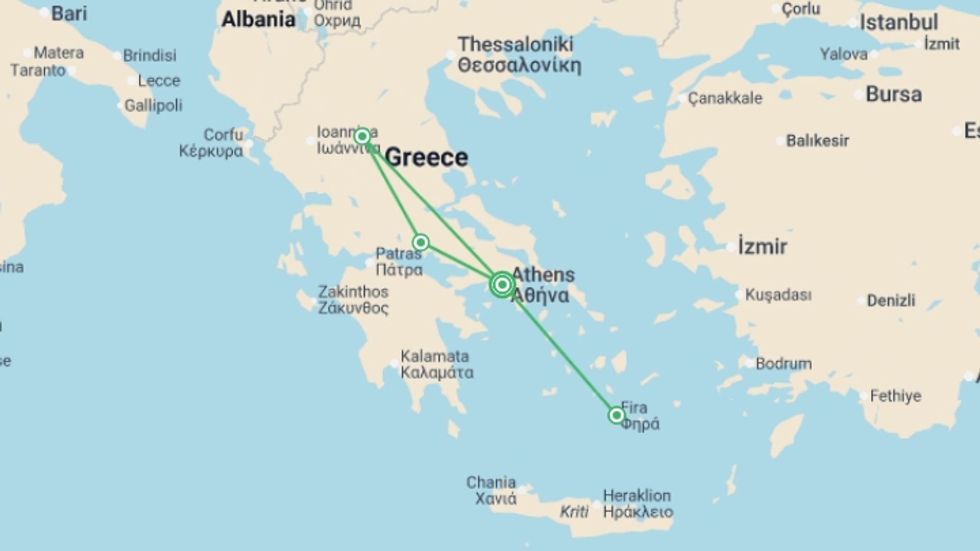 A map showing the tour itinerary for the trip: The Greek Gems: Athens, Delphi, Meteora And Santorini, Spanish-speaking Guide, starting in Athens, Greece and ending in Athens, Greece going through 2 other destinations.