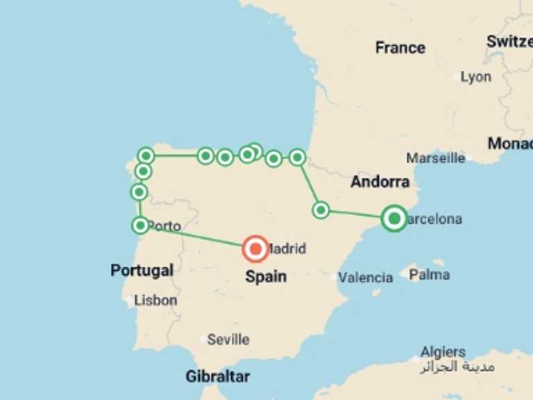 Map of 8-Day Madrid Tour with 8 destination visits for the trip: Barcelona, Northern Spain & Porto - 8 days