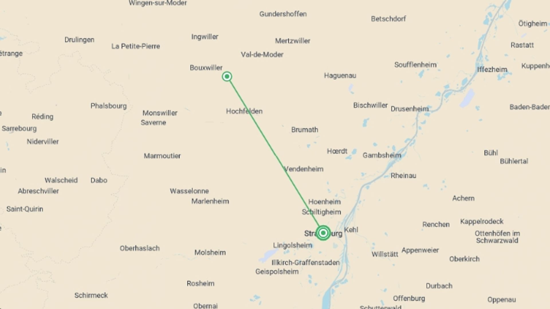 A map showing the tour itinerary for the trip: Christmas in Alsace and show at the Royal Palace (port-to-port), starting in Strasbourg, France and ending in Strasbourg, France going through 1 other destinations.