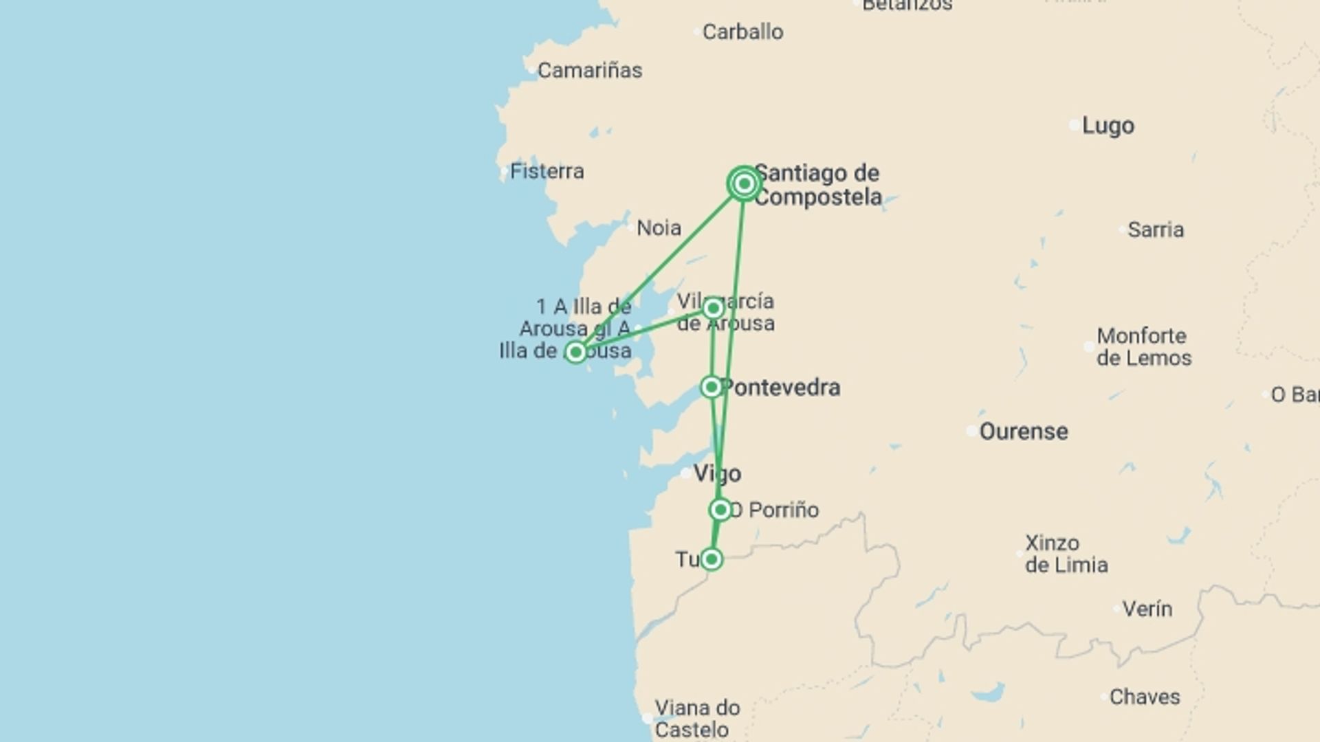 A map showing the tour itinerary for the trip: Camino de Santiago The Portuguese Way - 8 days, starting in Santiago De Compostela, Spain and ending in Santiago De Compostela, Spain going through 5 other destinations.