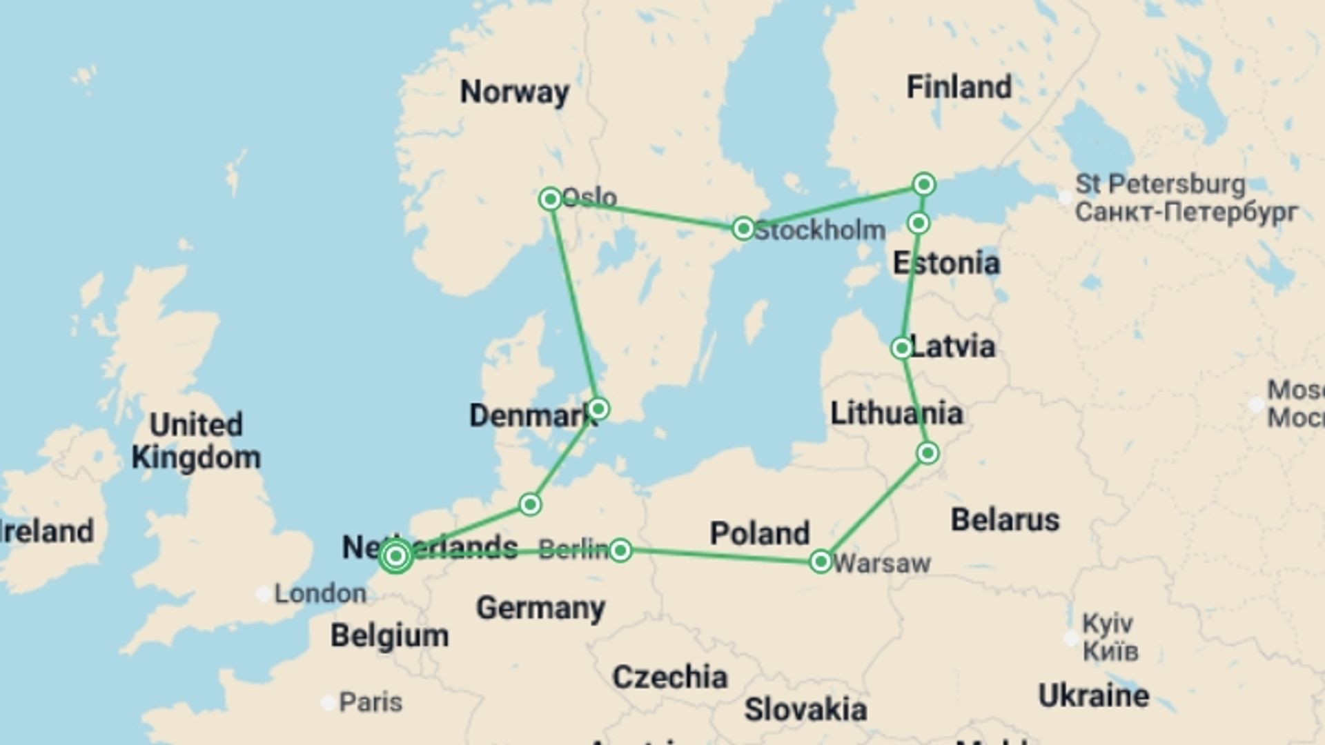 A map showing the tour itinerary for the trip: Northern Explorer Christmas & New Year, starting in Amsterdam, Holland and ending in Amsterdam, Holland going through 10 other destinations.