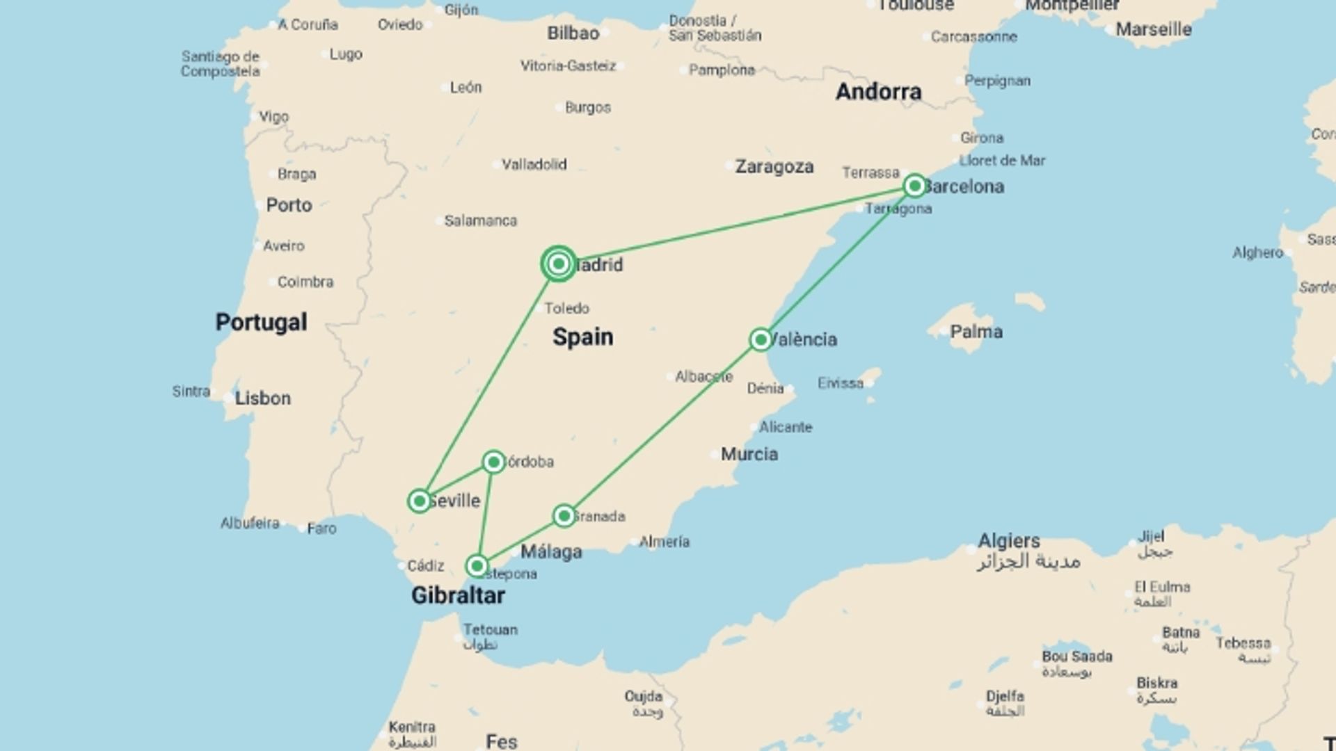 A map showing the tour itinerary for the trip: 9 Day Guided Tour Andalusia And Mediterranean Coast From Madrid (c-692), starting in Madrid, Spain and ending in Madrid, Spain going through 6 other destinations.