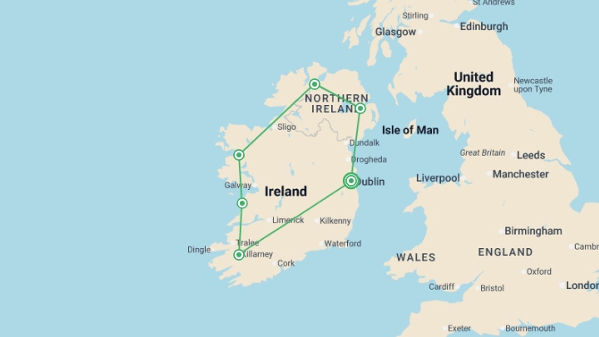 A map showing the tour itinerary for the trip: Extraordinary Ireland, starting in Dublin, Ireland and ending in Dublin, Ireland going through 4 other destinations.