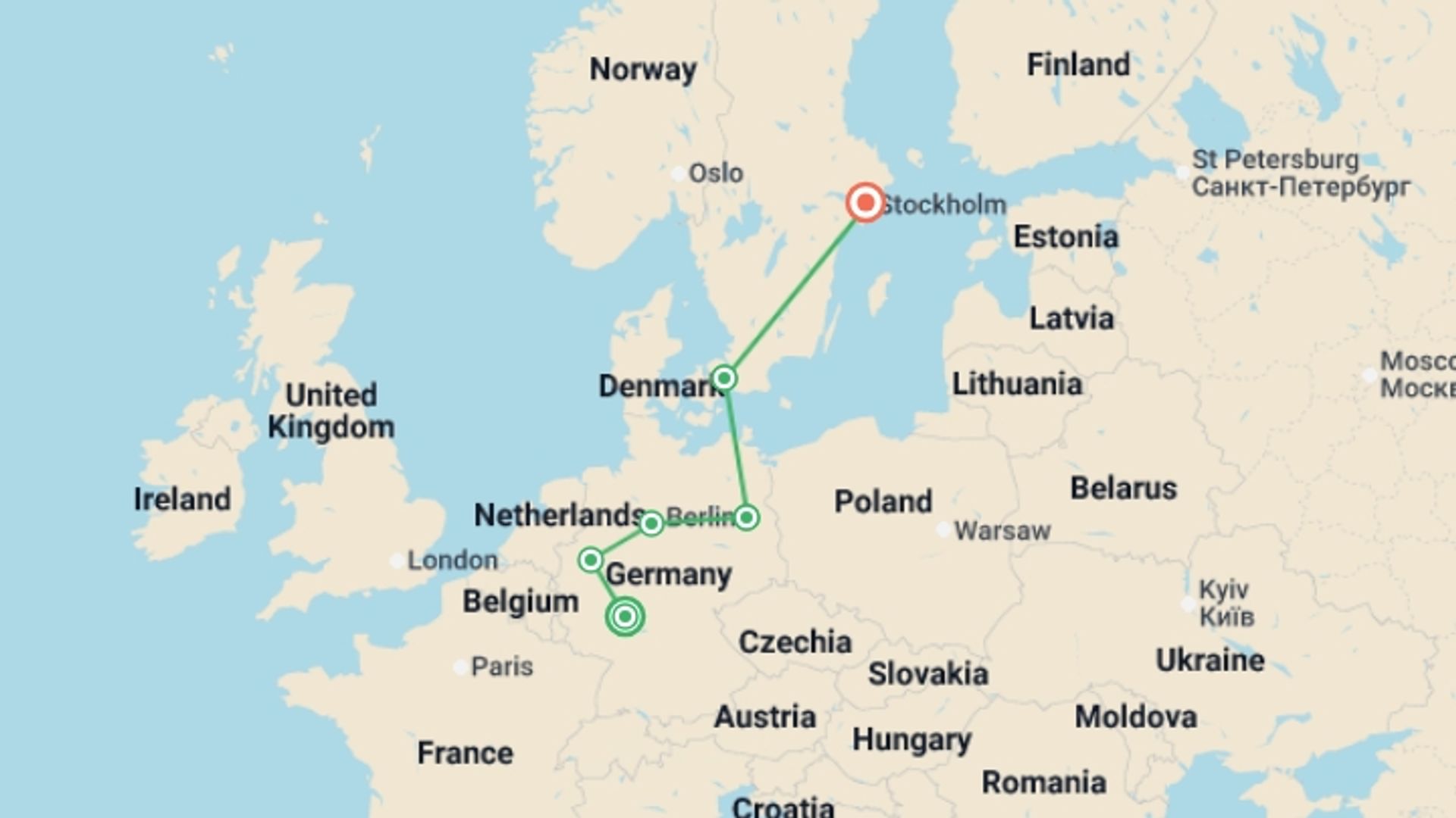 A map showing the tour itinerary for the trip: German Trek End Stockholm, starting in Frankfurt, Germany and ending in Stockholm, Sweden going through 4 other destinations.