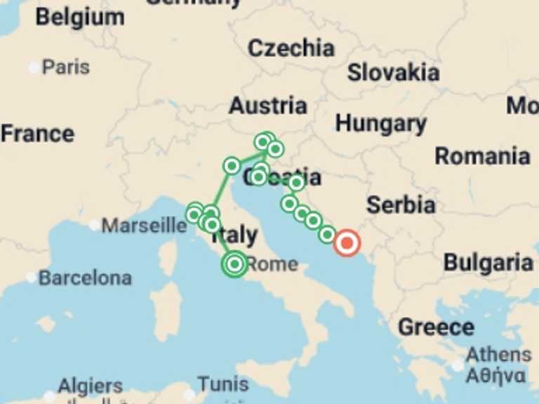 Map itinerary of Mediterranean Tour in October 2026 with 11 destination visits for the trip: Premium Rome to Dubrovnik