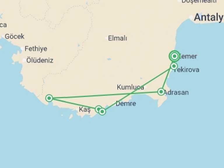 Map of Mediterranean Tour with 6 destination visits for the trip: Gulet Cruise, Kemer – Kekova – Kemer