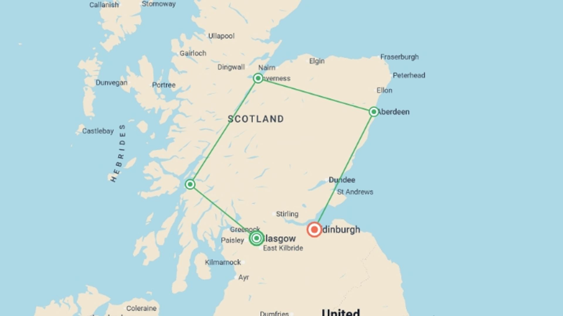 A map showing the tour itinerary for the trip: Essential Scotland, starting in Glasgow, Scotland and ending in Edinburgh, Scotland going through 3 other destinations.