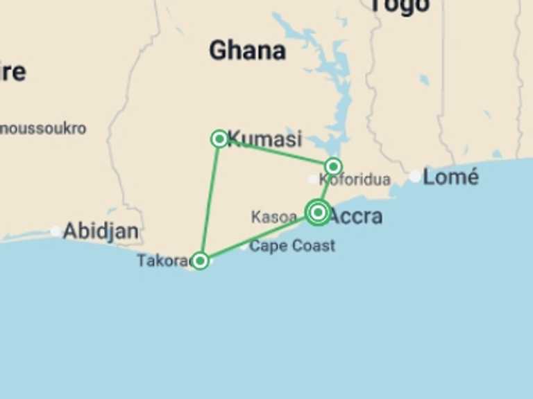 Map of West Africa Tour with 4 destination visits for the trip: Ghana Classic Adventure: Cultural Festivals & National Parks