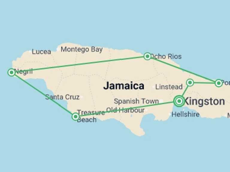 Map of North America Local culture Tour with 7 destination visits for the trip: Explore Jamaica