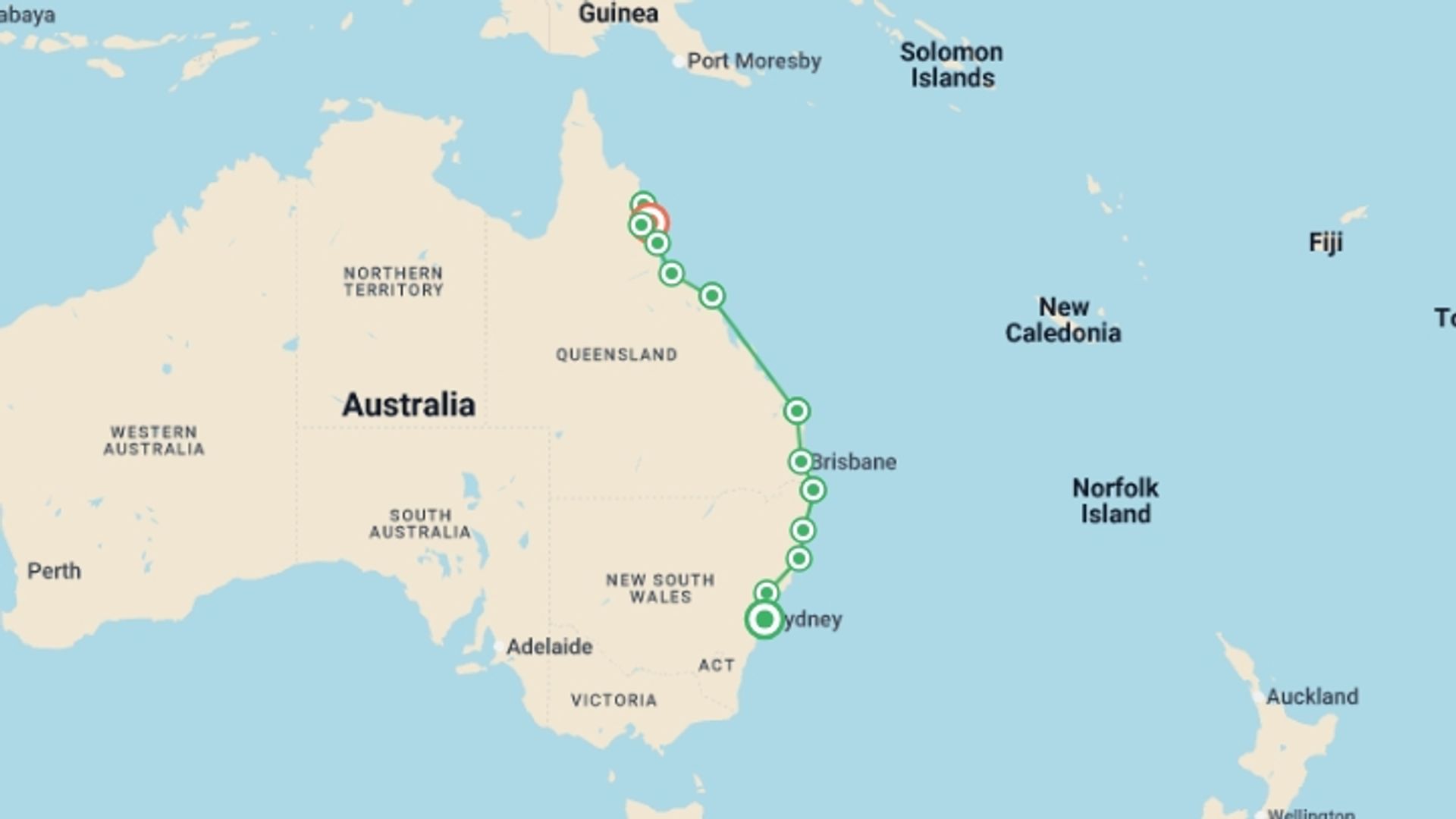 A map showing the tour itinerary for the trip: East Coast Australia Adventure, starting in Sydney and NSW, Australia and ending in Cairns, Australia going through 11 other destinations.
