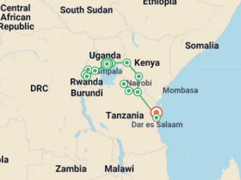 Map itinerary of Nairobi Tour in January 2027 with 14 destination visits for the trip: Uganda to Tanzania Overland Safari with Participation Camping