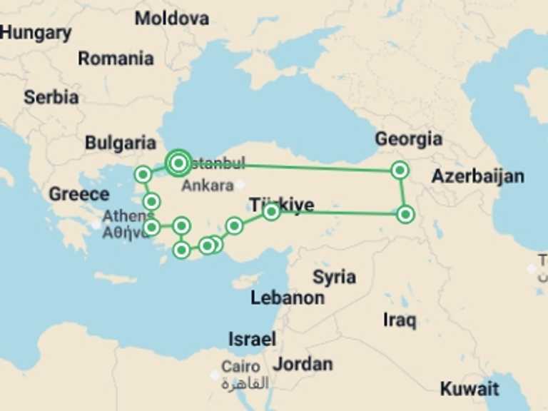 Map itinerary of Antalya Tour in July 2026 with 14 destination visits for the trip: Flying Discovery Tour