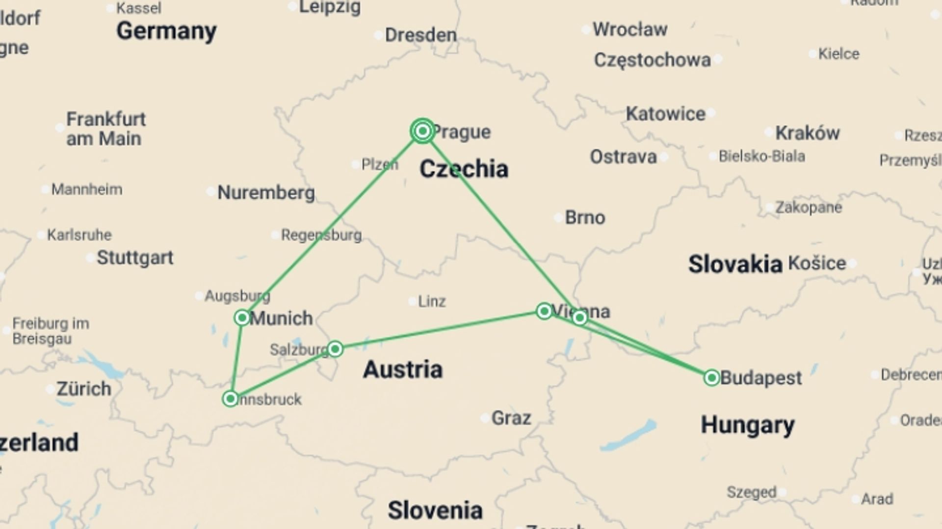 A map showing the tour itinerary for the trip: Central European Ring, starting in Prague, Czech Republic and ending in Prague, Czech Republic going through 5 other destinations.