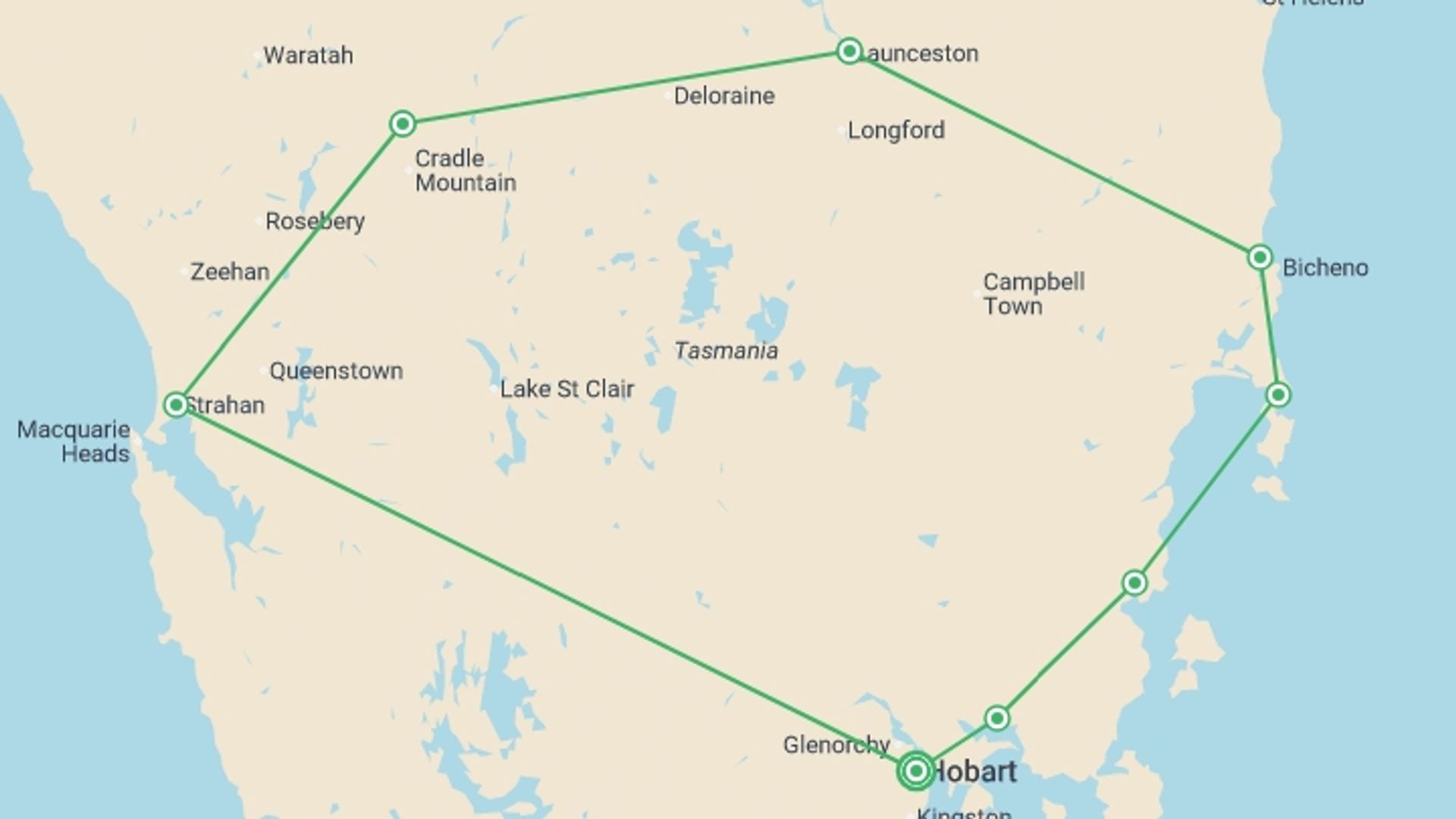A map showing the tour itinerary for the trip: Ultimate Tasmania, starting in Hobart, Australia and ending in Hobart, Australia going through 5 other destinations.