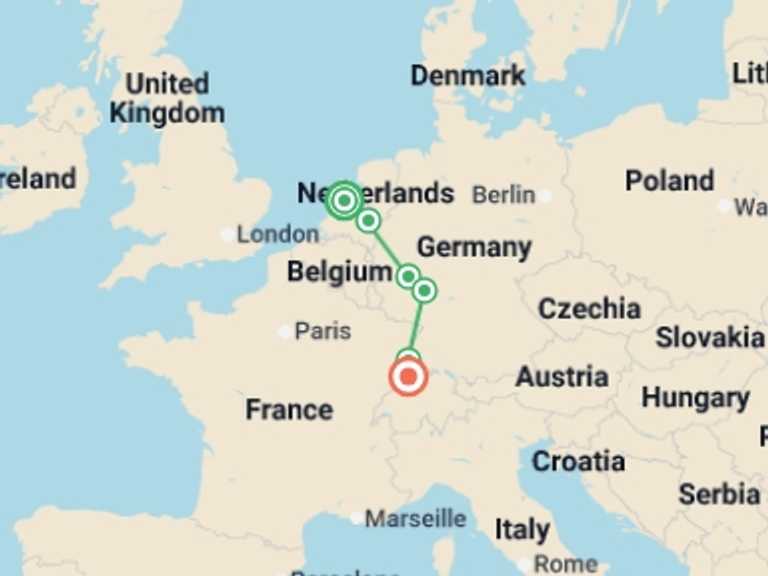 Map itinerary of Europe Tour in April 2027 with 6 destination visits for the trip: From Amsterdam to Basel: The Treasures of the Celebrated Rhine River (port-to-port cruise)