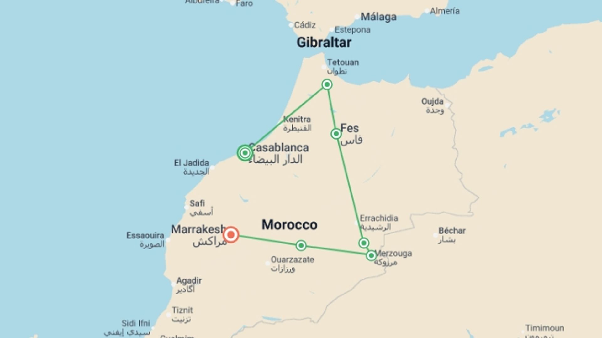 A map showing the tour itinerary for the trip: Morocco Premium Family Holiday, starting in Casablanca, Morocco and ending in Marrakech, Morocco going through 5 other destinations.