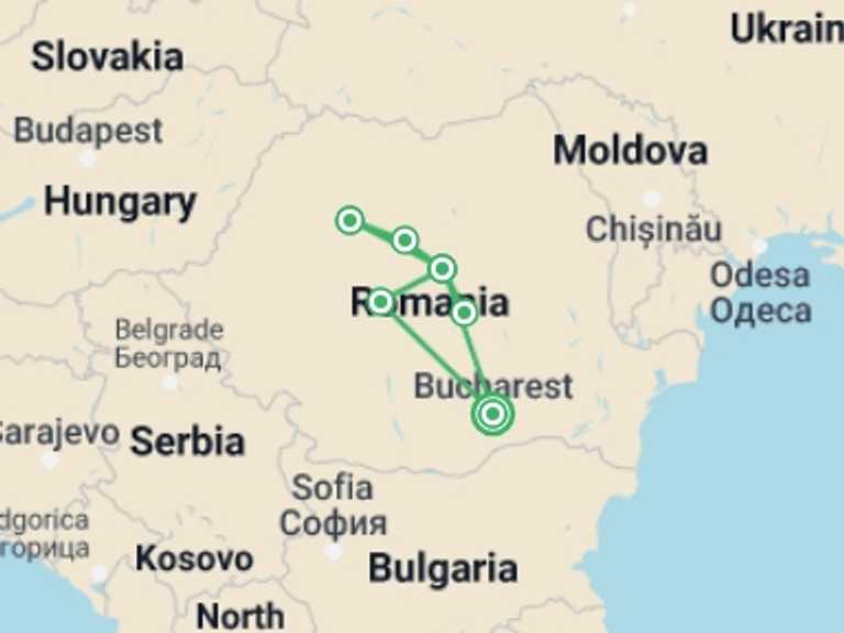 Map of Romania Tour with 8 destination visits for the trip: Most Beautiful Castles of Transylvania (10 Days)