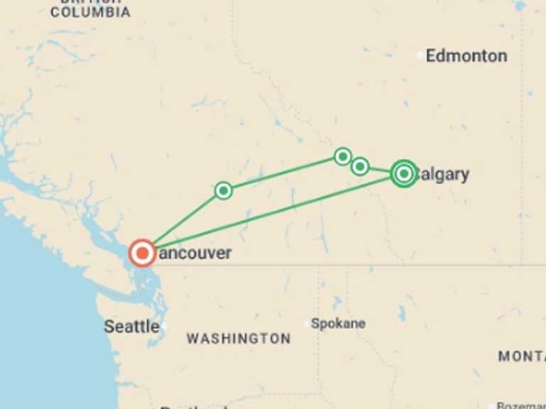 Map of 8-Day North America Tour with 5 destination visits for the trip: Canadian Rockies featuring Rocky Mountaineer Eastbound