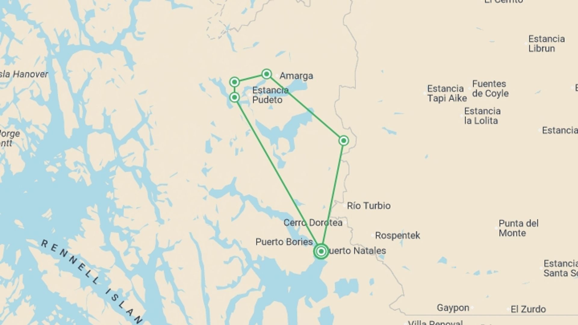 A map showing the tour itinerary for the trip: Torres del Paine W Trek 5D/4N (Self-Guided), starting in Puerto Natales, Chile and ending in Puerto Natales, Chile going through 6 other destinations.