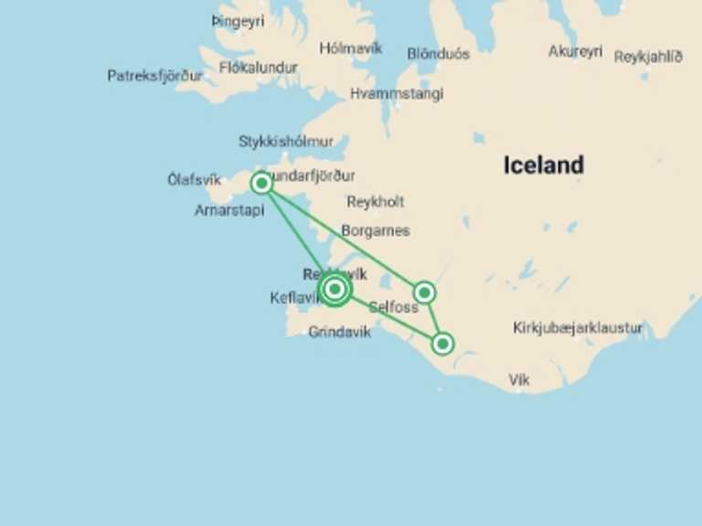 Map of 6-Day Reykjavik Tour with 4 destination visits for the trip: Iceland Family Holiday