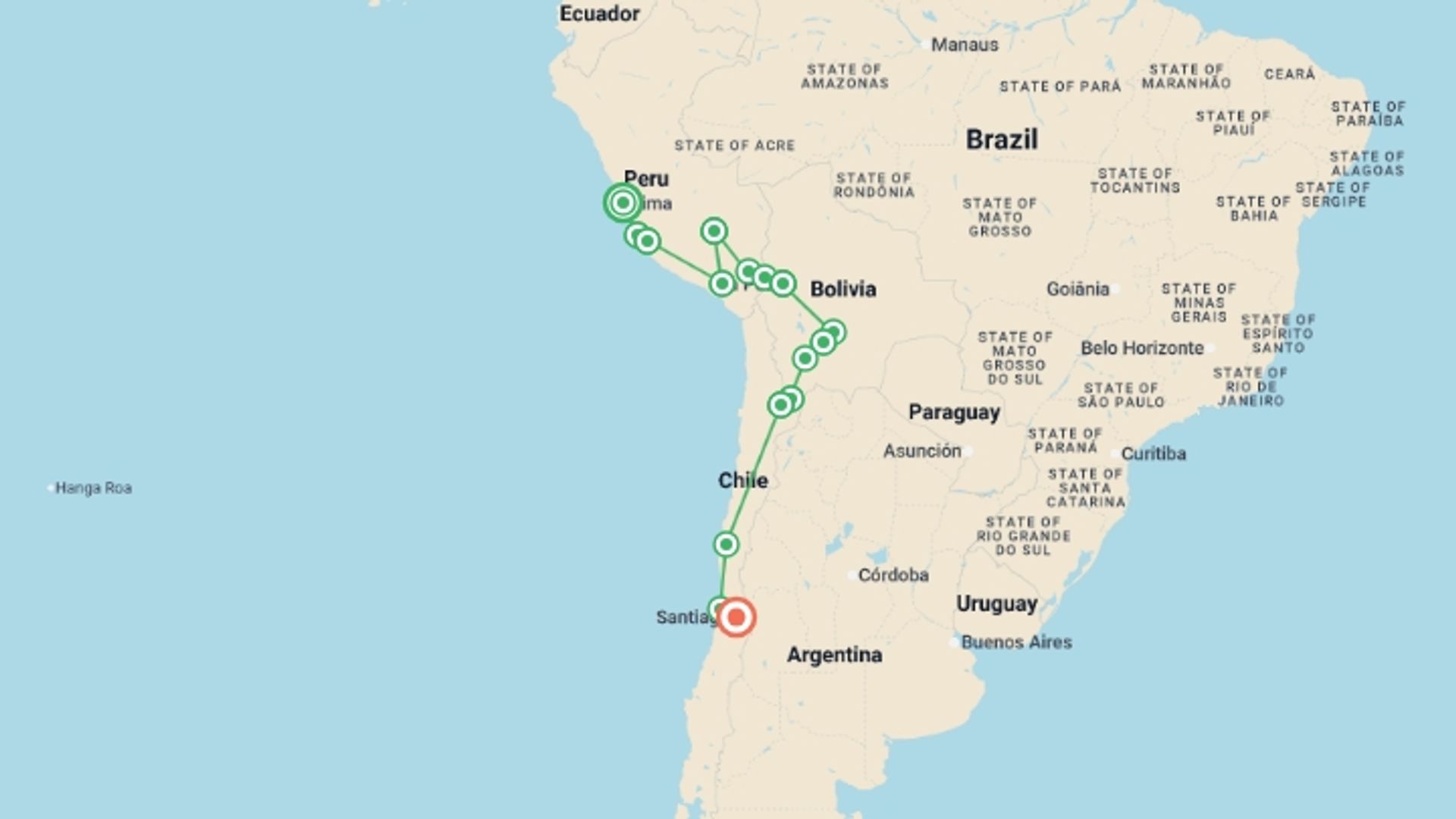 A map showing the tour itinerary for the trip: Lima to Santiago (via Uyuni) Express Travel Pass, starting in Lima, Peru and ending in Santiago, Chile going through 13 other destinations.