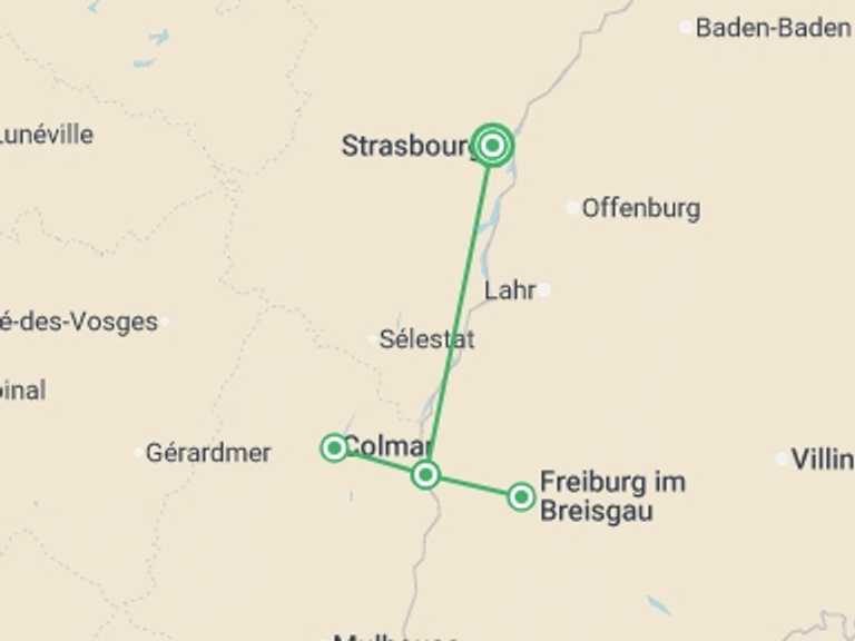 Map itinerary of Europe Tour in Fall with 2 destination visits for the trip: A Bountiful Christmas in Alsace and the Black Forest (port-to-port cruise)