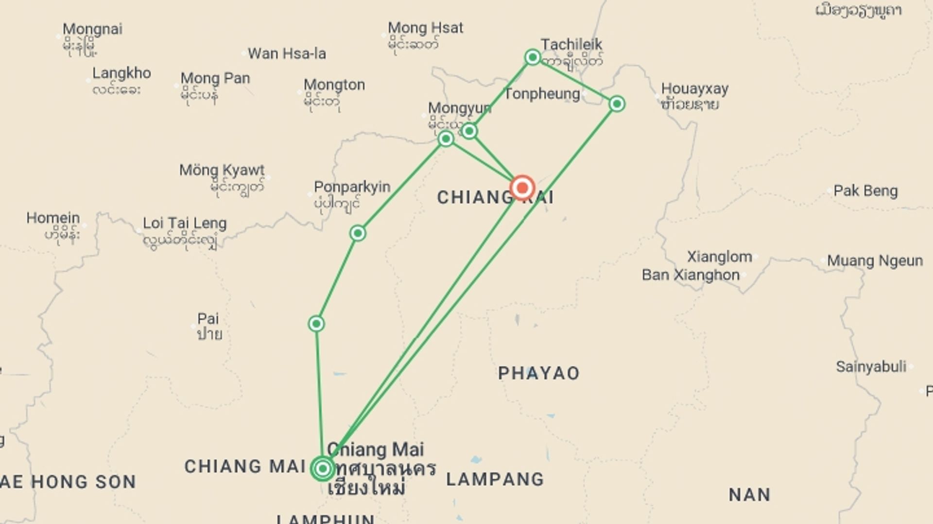 A map showing the tour itinerary for the trip: North Thailand by Bike, starting in Chiang Mai, Thailand and ending in Chiang Rai, Thailand going through 6 other destinations.