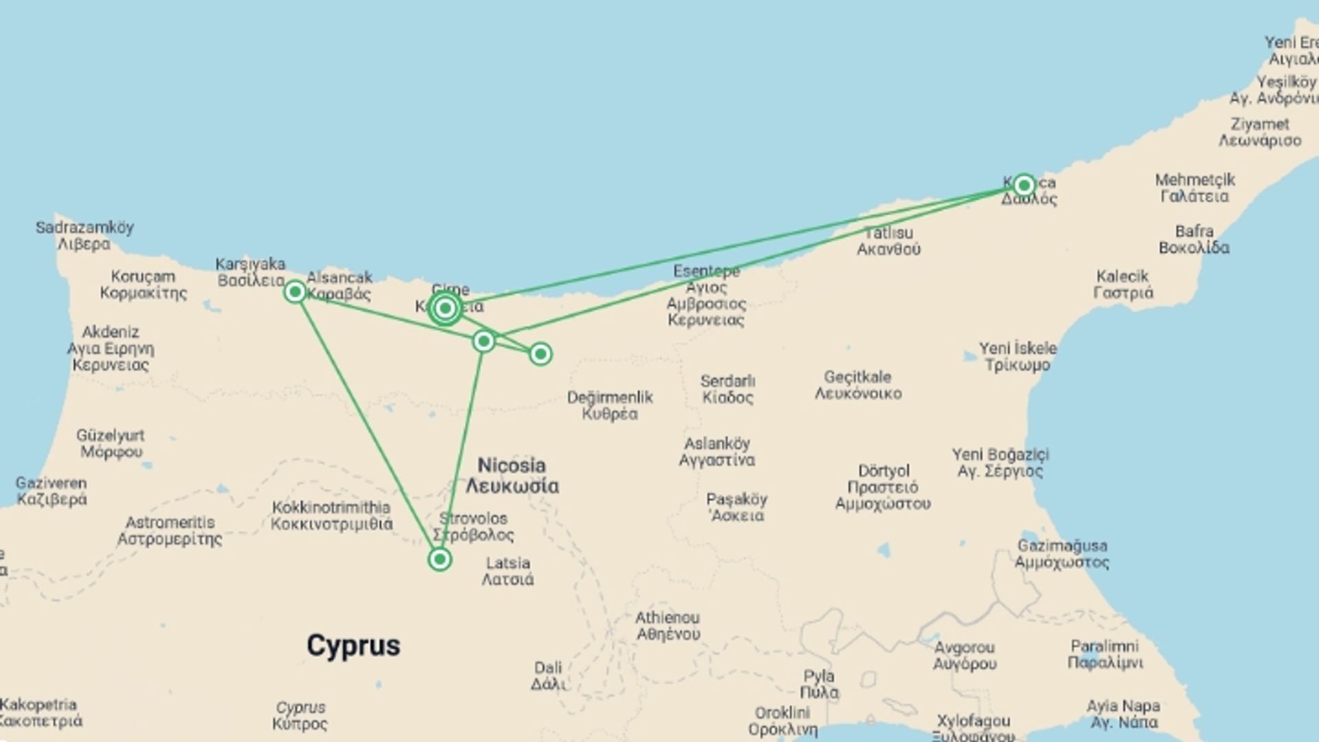 A map showing the tour itinerary for the trip: Walking in Northern Cyprus, starting in Kyrenia, Cyprus and ending in Kyrenia, Cyprus going through 5 other destinations.