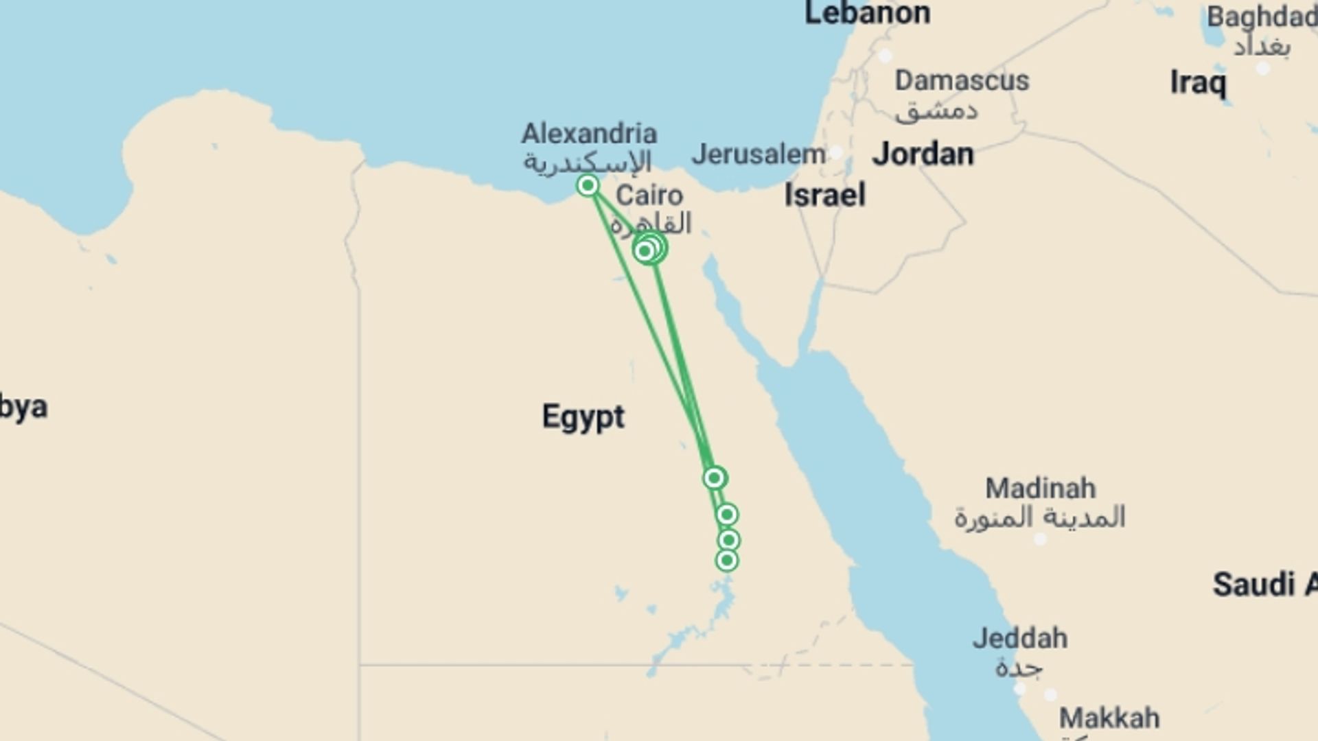 A map showing the tour itinerary for the trip: Three Cities of Egypt Tour & Nile River Cruise, starting in Cairo, Egypt and ending in Cairo, Egypt going through 5 other destinations.