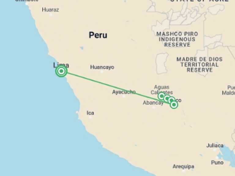 Map of Lima Tour with 4 destination visits for the trip: Machu Picchu Adventure