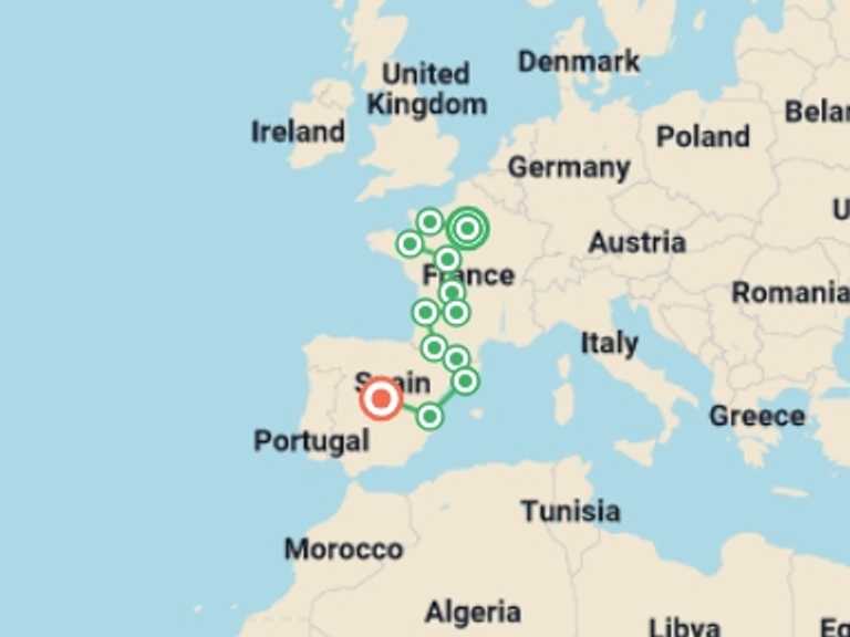 Map of 16-Day Madrid Tour with 11 destination visits for the trip: Lovely France and Spain