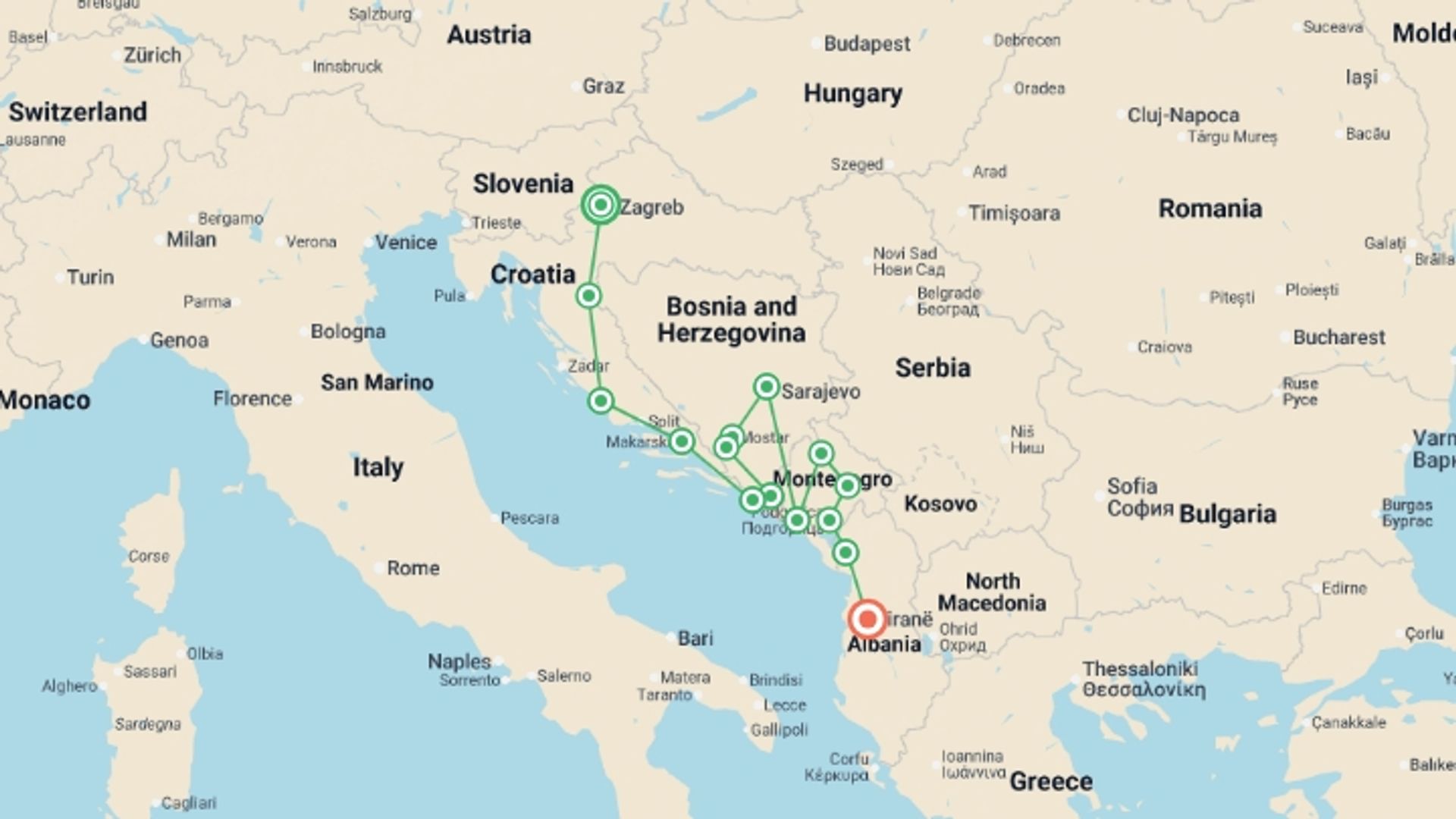 A map showing the tour itinerary for the trip: Classic Balkans:  Zagreb to Tirana, starting in Zagreb, Croatia and ending in Tirana, Albania going through 12 other destinations.