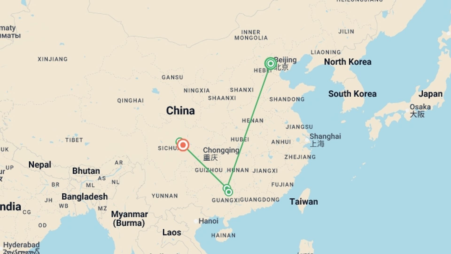 A map showing the tour itinerary for the trip: China Luxury Wellness Retreat, starting in Beijing, China and ending in Sichuan, China going through 4 other destinations.