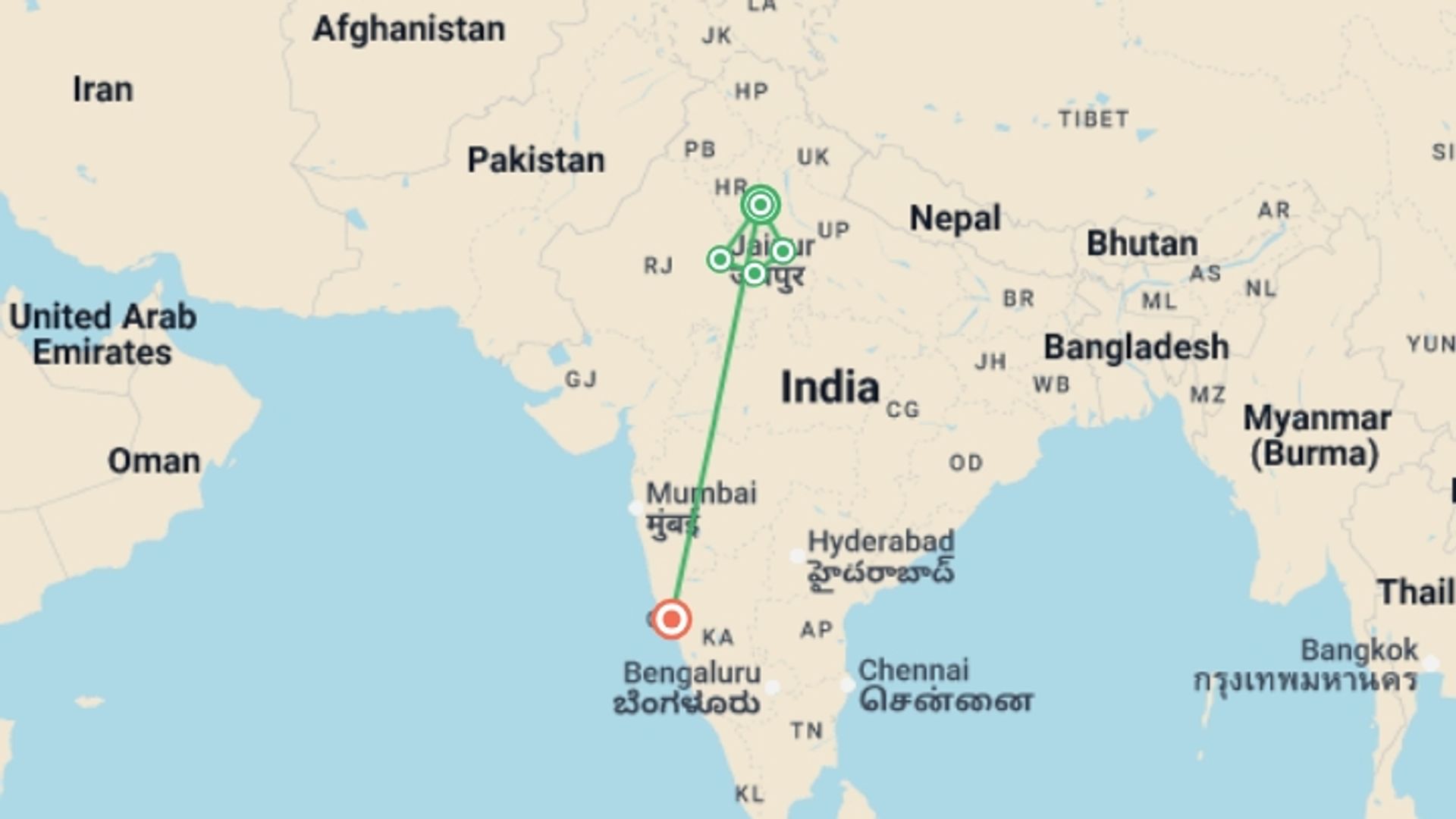 A map showing the tour itinerary for the trip: Golden Triangle & Goa - 11 days, starting in New Delhi, India and ending in Goa, India going through 4 other destinations.