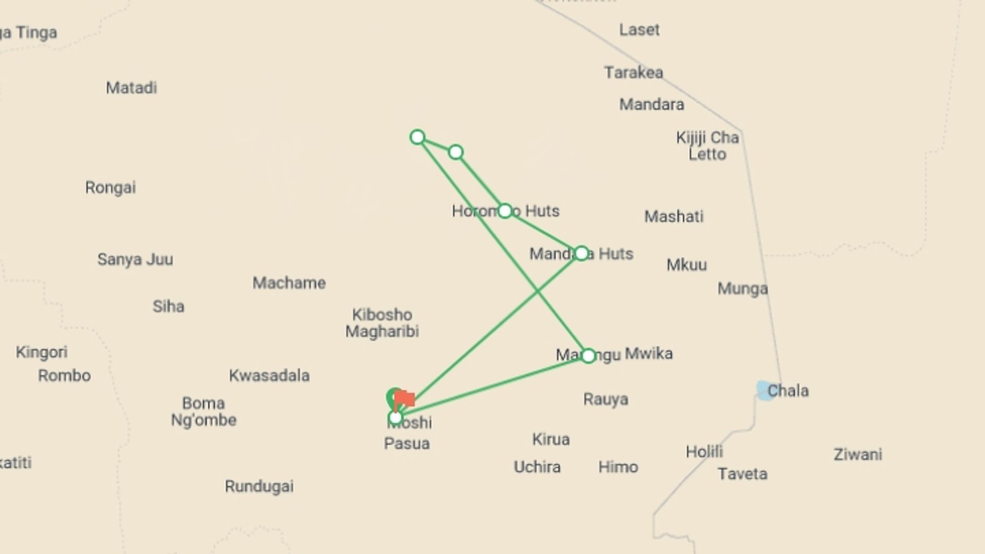 A map showing the tour itinerary for the trip: Kilimanjaro Climbing  Marangu Route 7 Days, starting in Moshi, Tanzania and ending in Moshi, Tanzania going through 7 other destinations.