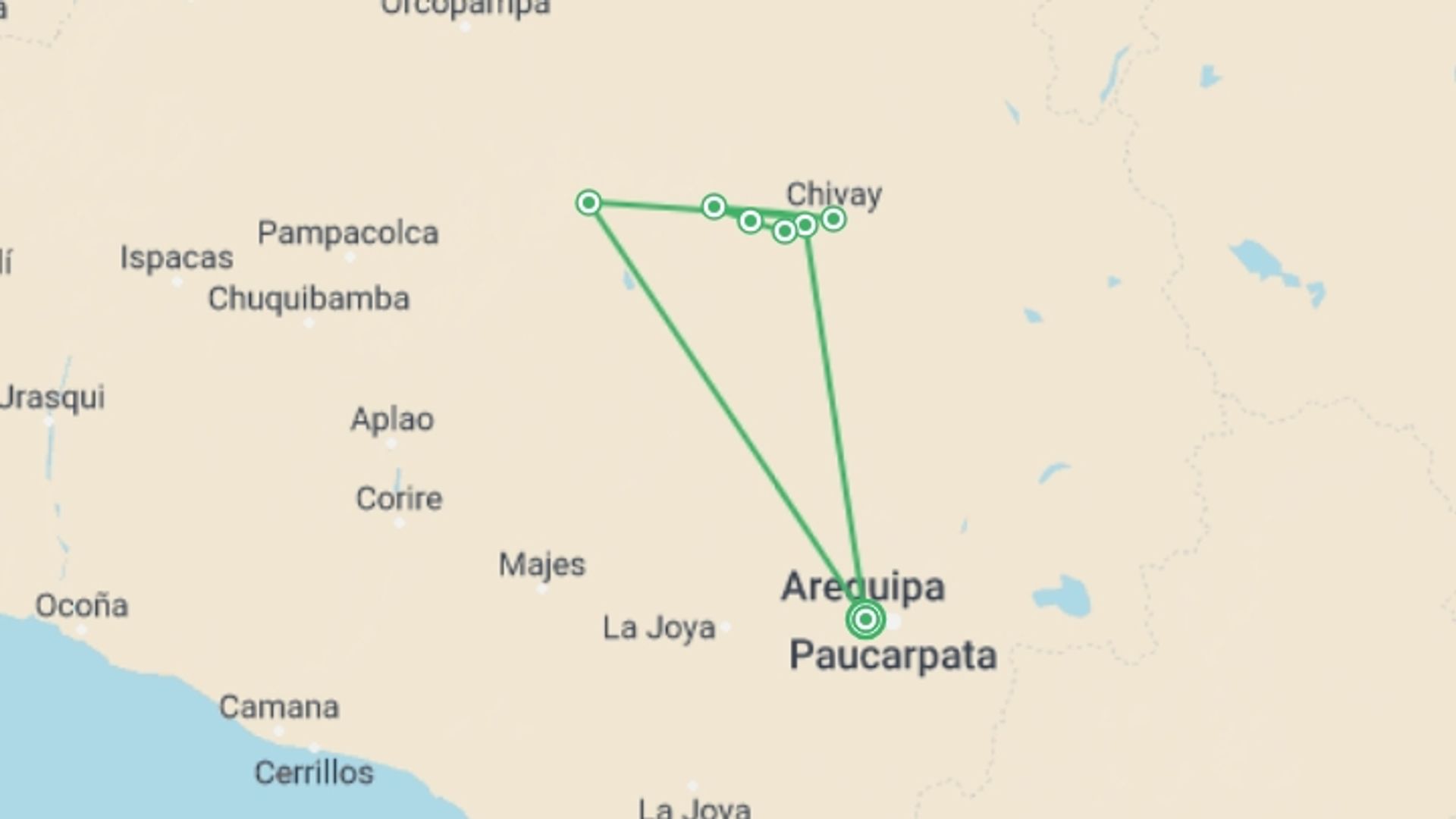 A map showing the tour itinerary for the trip: Arequipa And Colca Canyon, Private Tour, starting in Arequipa, Peru and ending in Arequipa, Peru going through 1 other destinations.