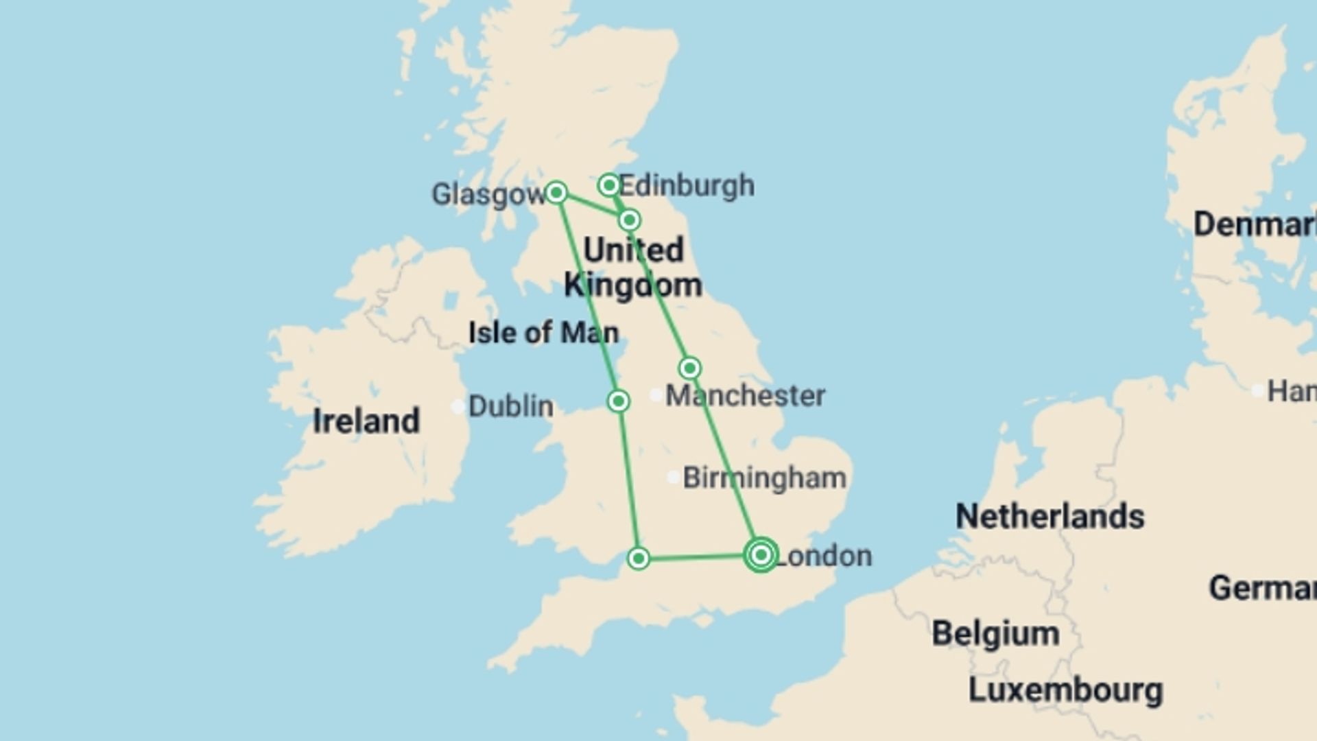 A map showing the tour itinerary for the trip: Amazing Britain, starting in London, England and ending in London, England going through 6 other destinations.